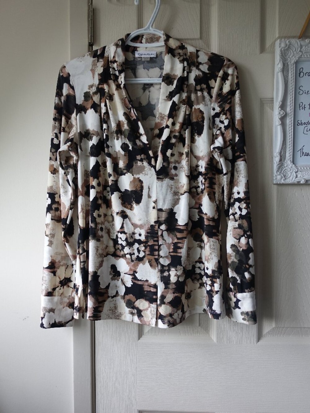 Calvin Klein Cream, Black & Brown Floral V-Neck Long Sleeve Top